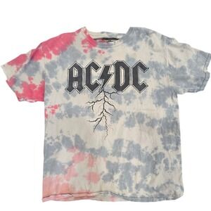 AC/DC Band Graphic Tee Shirt Pink Grey Tie Dye Rock Music Short Sleeve Medium